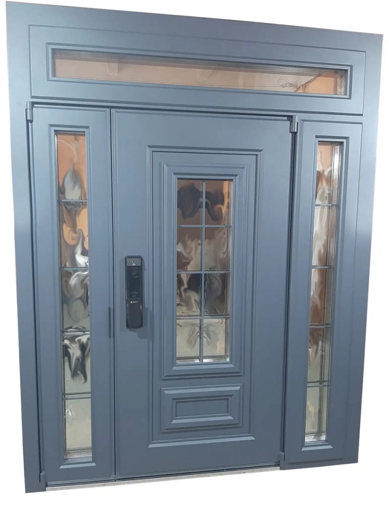Двустворчатая дверь с электронным замком и боковыми стеклянными полками